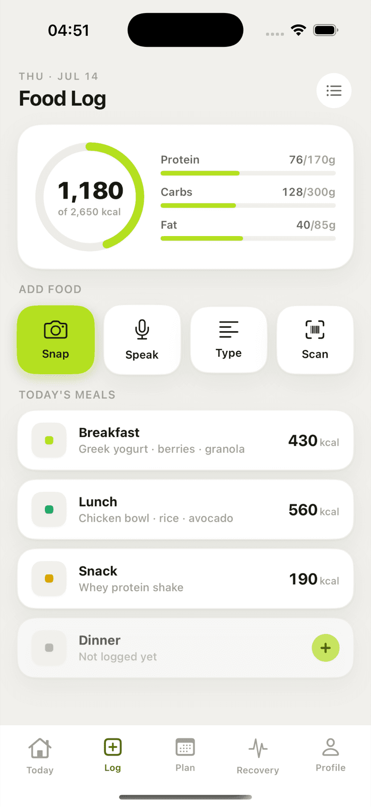TrainFed food log with photo, voice, and text entry options
