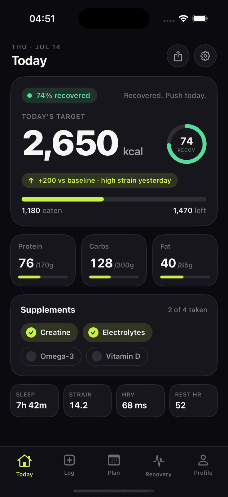 TrainFed home screen showing a recovery-adjusted calorie target and daily macros